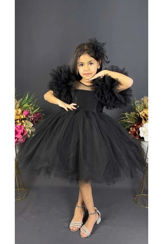 Chiffon Yoke Pom-Pom Sleeve Sequin Embellished Girls' Puffy Skirt Tulle Evening Dress