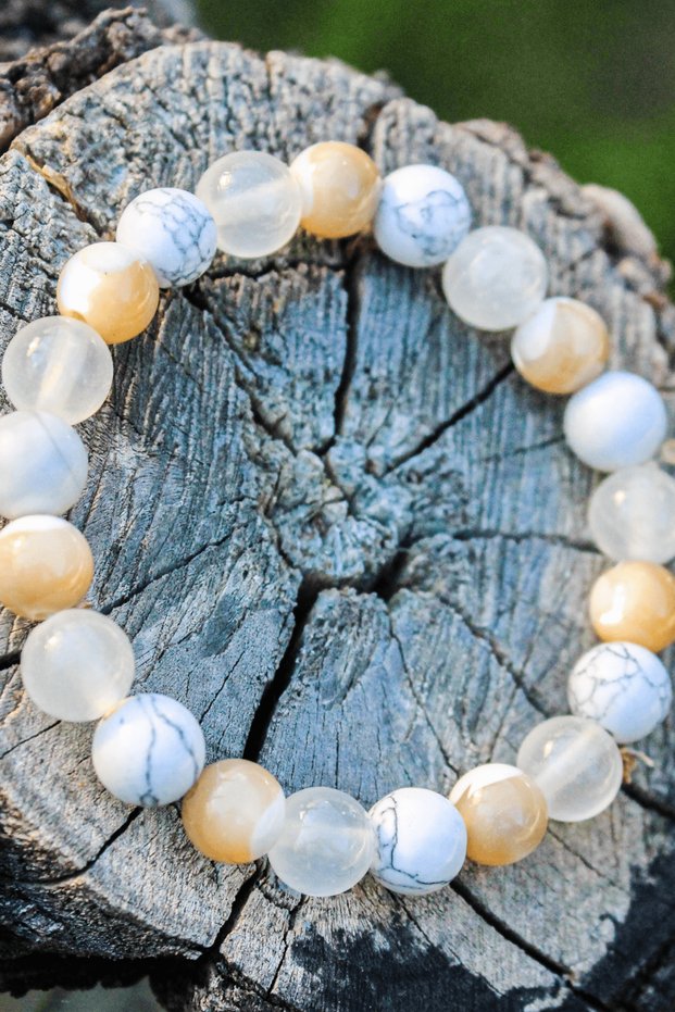 Be Like Water Natural Stone Talisman Bracelet Flat 8mm (Brown Mother of Pearl, Selenite, Howlite Stone) Chi-Zen Bracelet