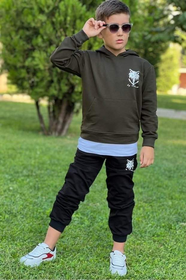 Wolf Patterned Boy Preschool Khaki Top and Bottom Set EST001