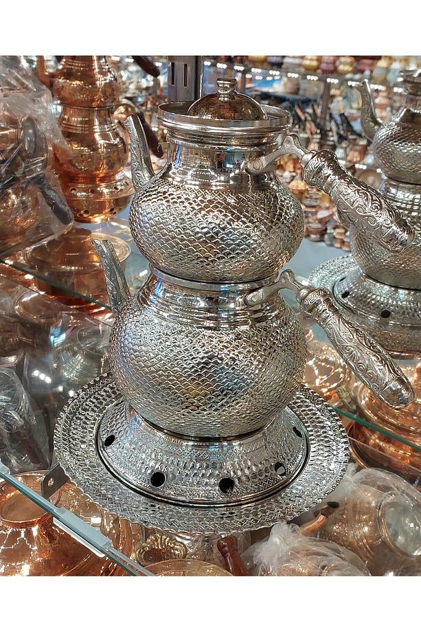 Bakır Çaydanlık Petek Desen Bakır Gümüş Renk Çaydanlık Osmanlı Ocaklı Bakır Demlik - 1