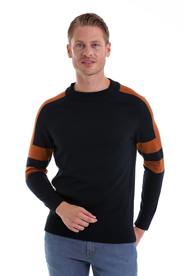 Navy Blue Comfort Fit Plain Cotton Half Turtleneck Casual Knitwear Sweater