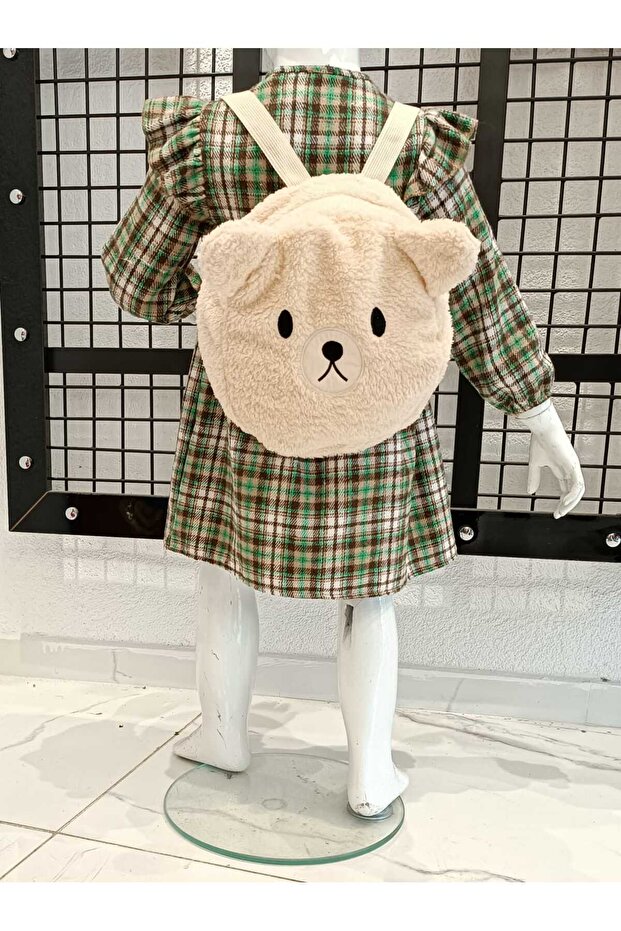 Plush Teddy Bear Backpack Gift Plaid Full Length Buttoned Girl's Green Winter Dress