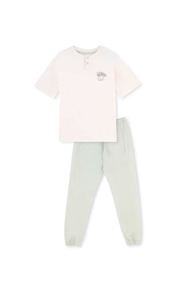 Ekru Kısa Kollu Baskı Detaylı Örme Pijama Takımı - 1