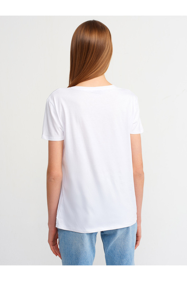 3470 V Yaka Basic T-Shirt-Beyaz - 4