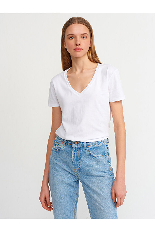 3470 V Yaka Basic T-Shirt-Beyaz - 1