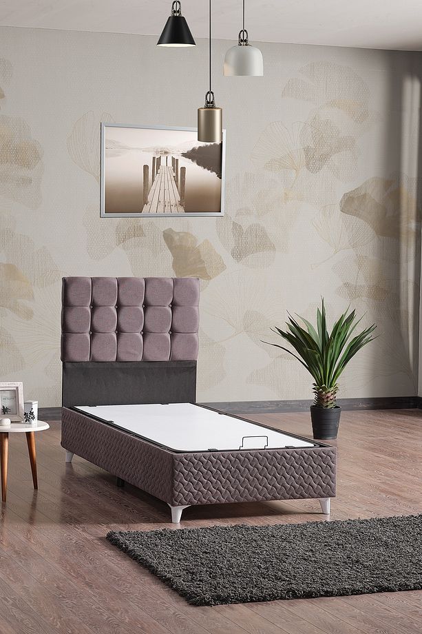 Bengü Tek Kişilik Baza Başlık Set Gri 90*190 - 1