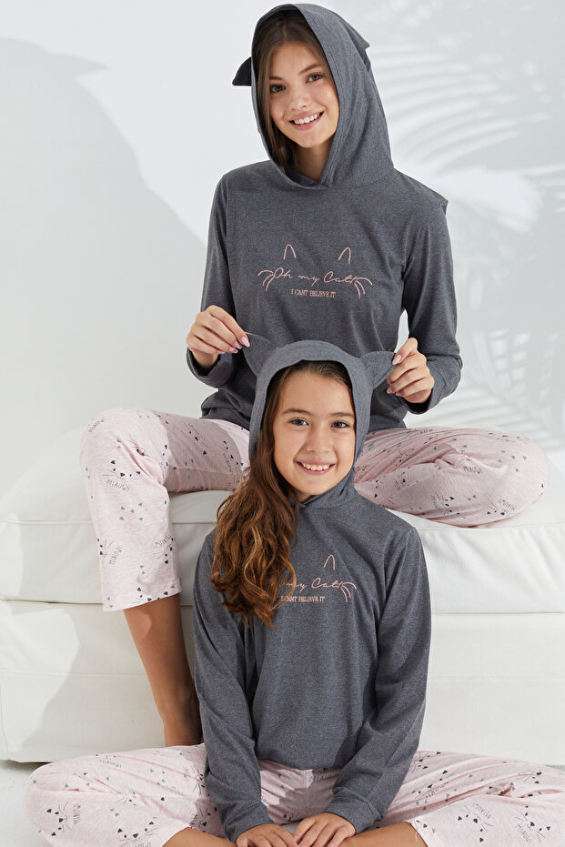 Patterned Cotton Lycra Knitted Hooded Pajama Set