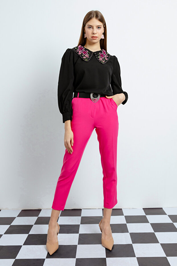 Women's Fuchsia High Waist Fabric Trousers