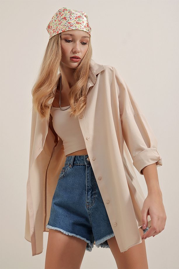 3900 Oversize Uzun Basic Gömlek - Krem - 4