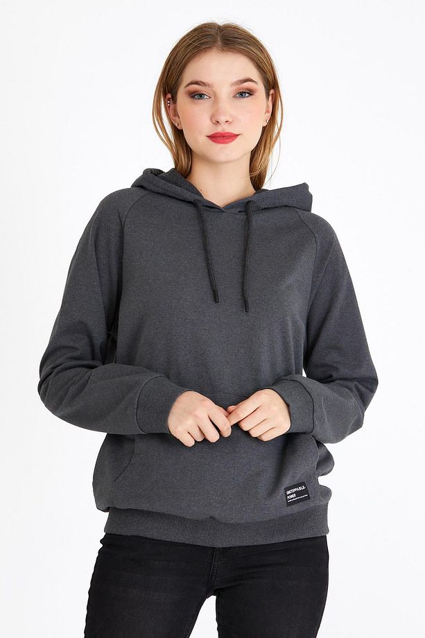 Kadın Antrasit Kapüşonlu Basic Örme Sweatshirt - 2