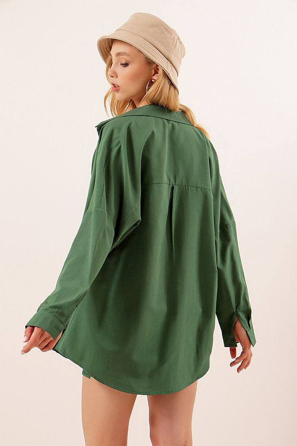 3900 Oversize Uzun Basic Gömlek - Zümrüt Yeşili - 7