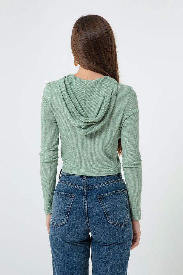 Kadın Yeşil Önü Fermuarlı Örme Crop Bluz - 5