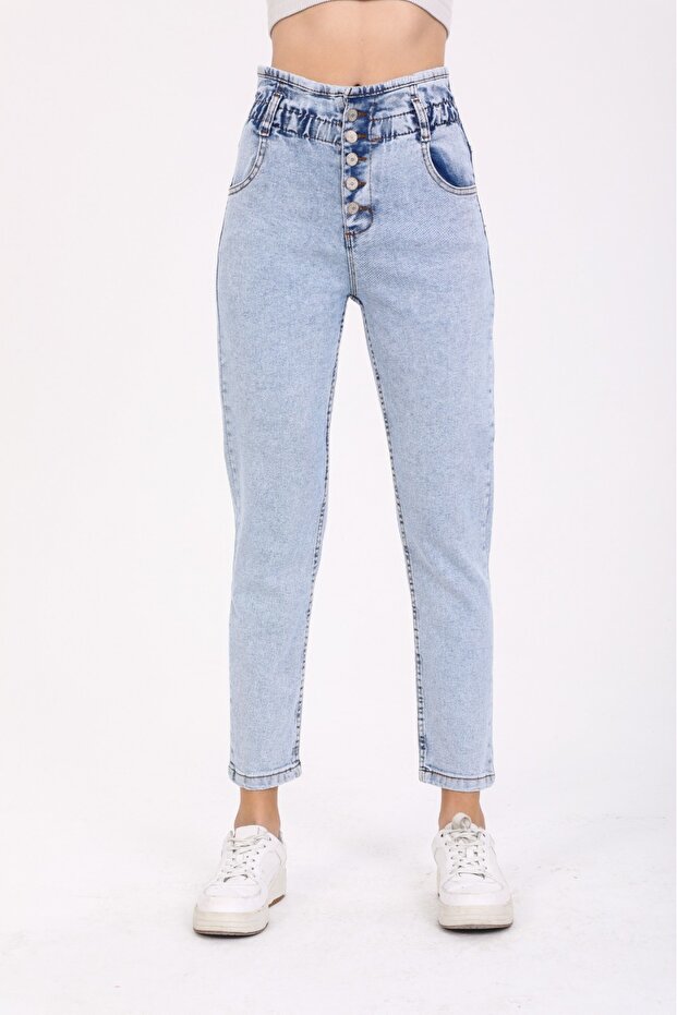 Ice Blue High Waist Lycra Belt Drawstring Button Detailed Mom Jean Jeans