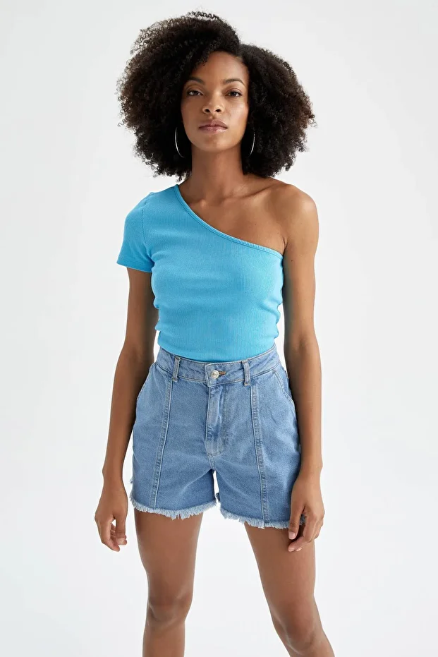 Slim Fit Basic Tek Omuzlu Tişört - 4