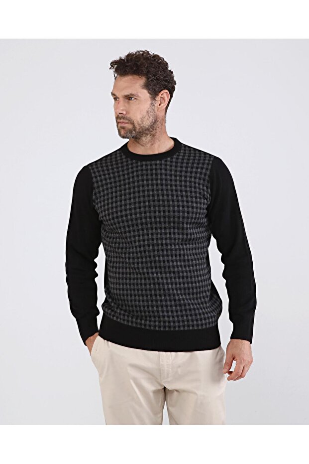 Battal Men's Crew Neck Knitwear Black Sweater Patterned Sleeve and Waist Elastic Knit Classic