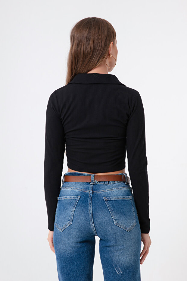 Kadın Siyah Fermuar Detaylı Örme Bluz - 5