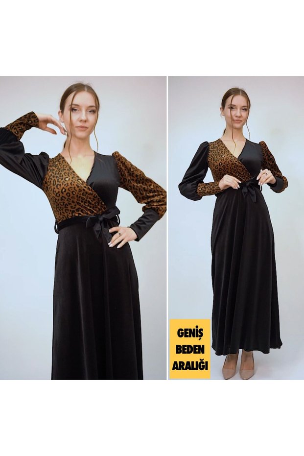 Women's Leopard Leopard Detailed Imported Velvet Fabric Belted Maxi Graduation Wedding Wedding Dress