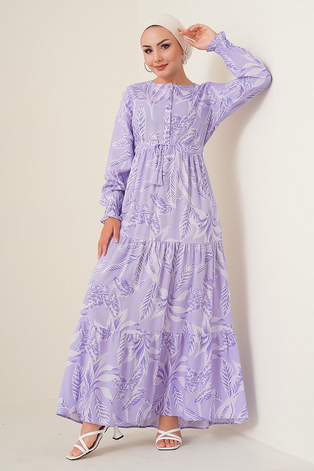 2145 Desenli Tesettür Elbise - Lila - 2