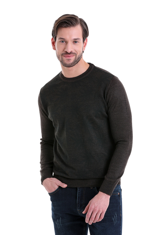 Brown Regular Fit Patterned Crew Neck Woolen Sweater - 2