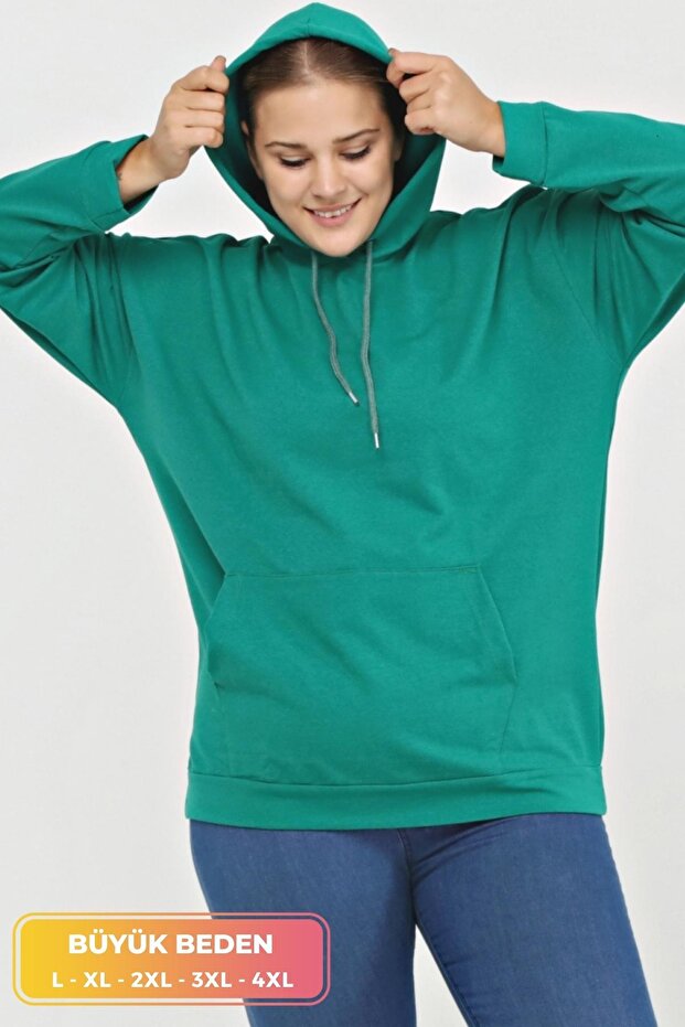 Women's Large Size Kangaroo Pocket Hooded Hoodie 4 Seasons Combed Cotton Comfortable Pattern Comfort Model Sweatshirt