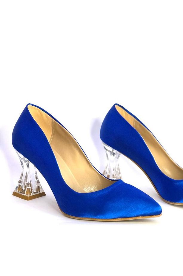 Saks Mavi Saten Şeffaf Topuk Stiletto Ayakkabı - 9