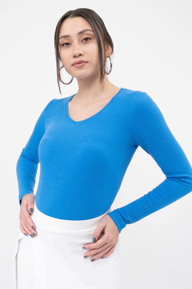 Kadın Mavi V Yaka Uzun Kollu Fitilli Örme Basic Bluz - 3