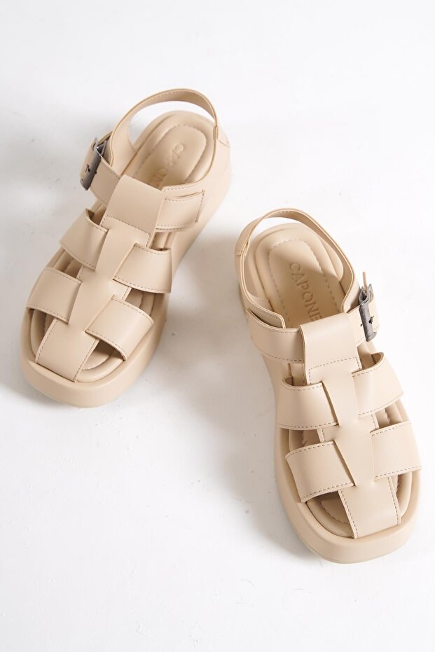 Capone Gladiator Strappy Wedge Heeled Beige Women's Flatform Sandals