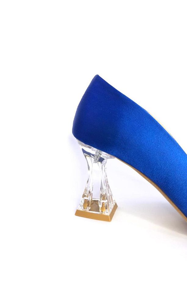 Saks Mavi Saten Şeffaf Topuk Stiletto Ayakkabı - 8