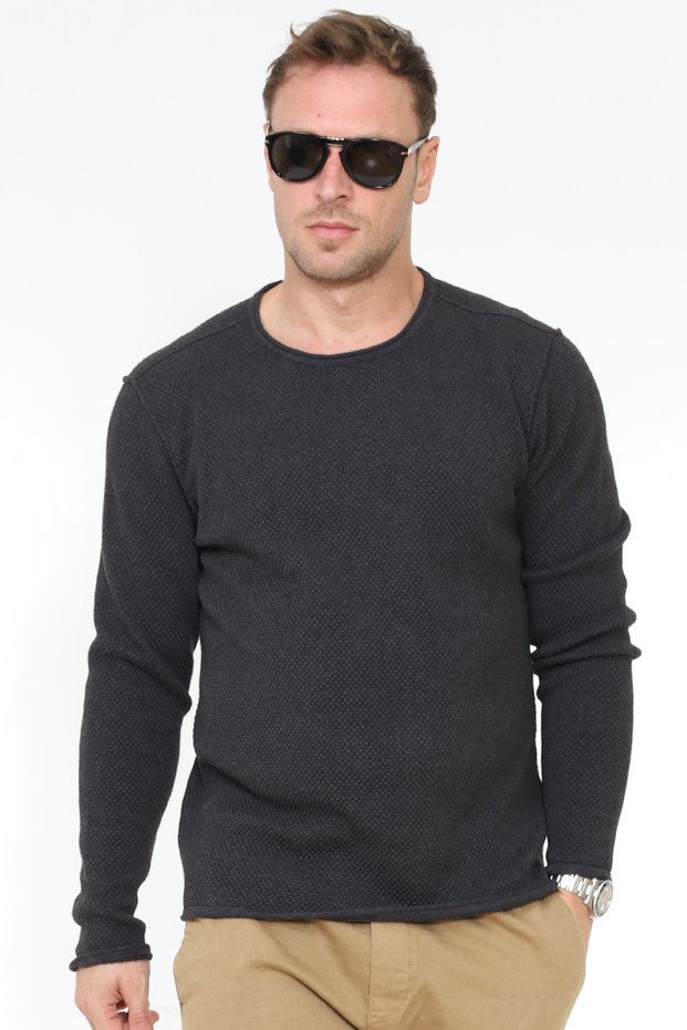 Copenhagen Crew Neck Stitching Detailed Organic Cotton Anthracite Melange Knitwear Sweater