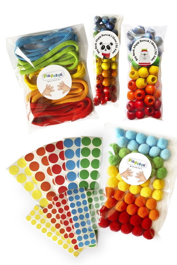 Pack of 5 Colors| Wooden Beads| Laces| Pompom| Dot Label| Activity Material| Color Matching