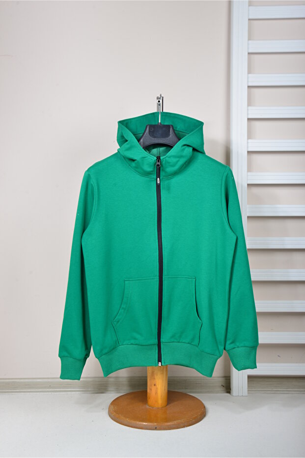 UNISEX CHILDREN'S GREEN ZIPPERED HOODED 2 STRING COMBED CARDIGAN 4-SEASON
