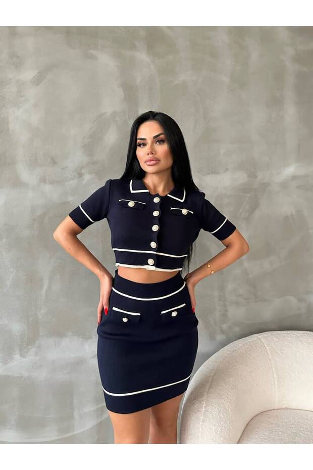 Women's Pearl Buttoned Knitwear Skirt Set Navy Blue