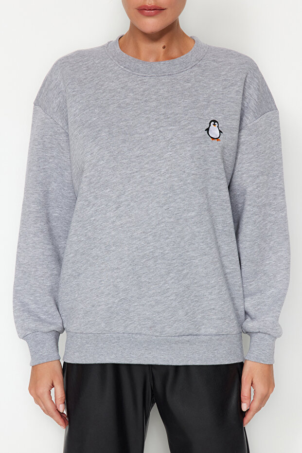 Gri Animal Nakışlı Regular/Normal Kalıp Kalın İçi Polarlı Örme Sweatshirt TWOAW24SW00196 - 4
