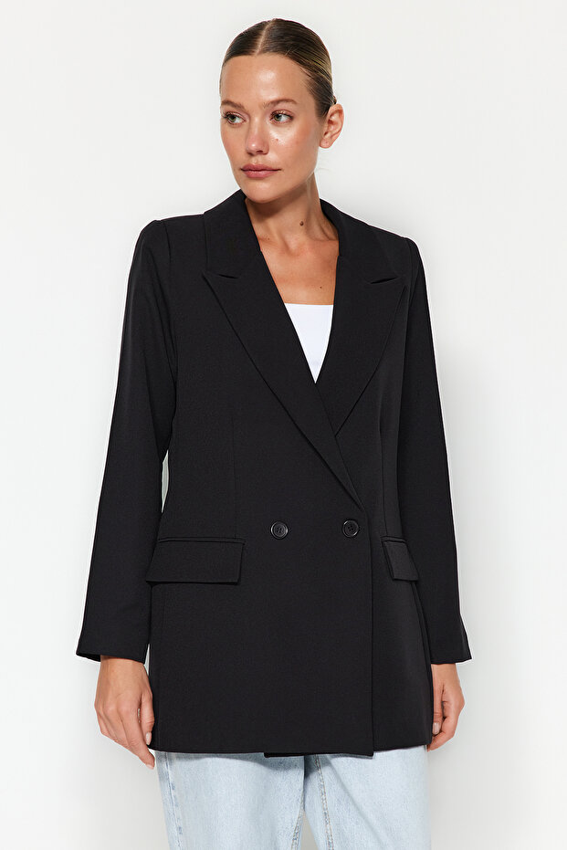 Siyah Regular Astarlı Kruvaze Kapama Dokuma Blazer Ceket TWOSS20CE0059 - 4