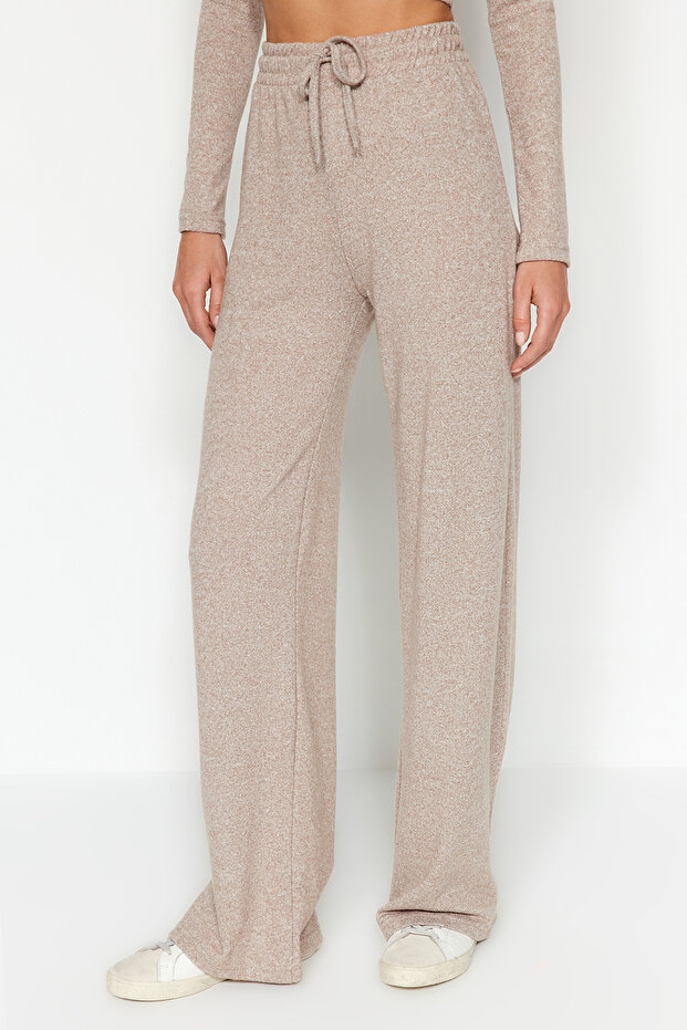 Beżowy zestaw z krótkimi i szerokimi nogawkami/szerokimi nogawkami Yumoş, dzianinowy dół i góra TWOAW23AU00125 - 5