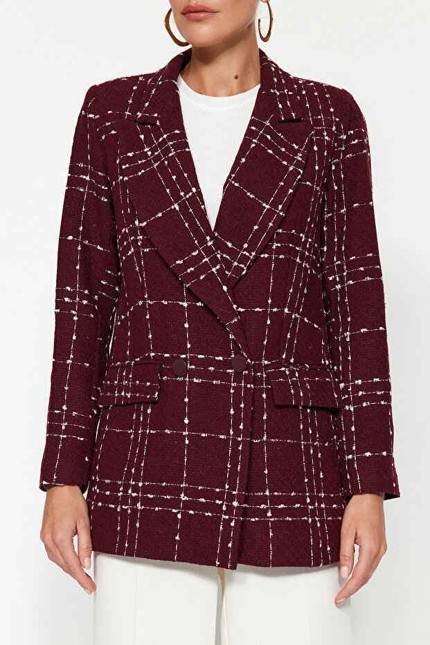 Bordo Oversize Dokuma Ekose Blazer Ceket TWOAW21CE0105 - 5