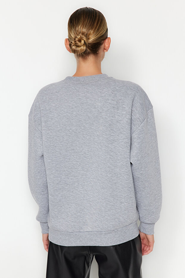 Gri Animal Nakışlı Regular/Normal Kalıp Kalın İçi Polarlı Örme Sweatshirt TWOAW24SW00196 - 6