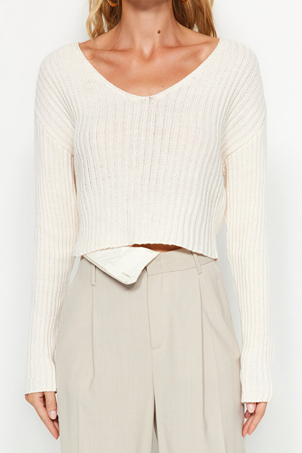 Ekru Crop Basic V Yaka Triko Kazak TWOAW24KZ01214 - 8