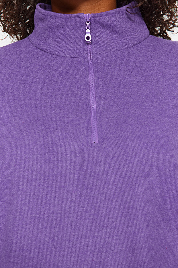 Mor Selanik/Triko Görünümlü Fermuarlı Yaka Regular/Normal Kalıp Örme Sweatshirt TBBAW23AO00006 - 4