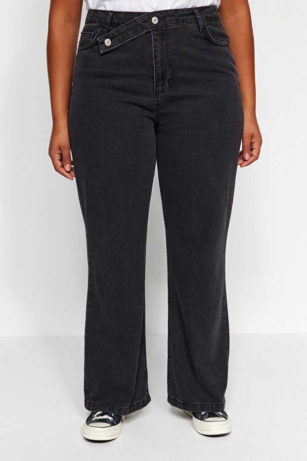 Antrasit Yüksek Bel Geniş Kesim Büyük Beden Jeans TBBAW24CJ00008 - 8