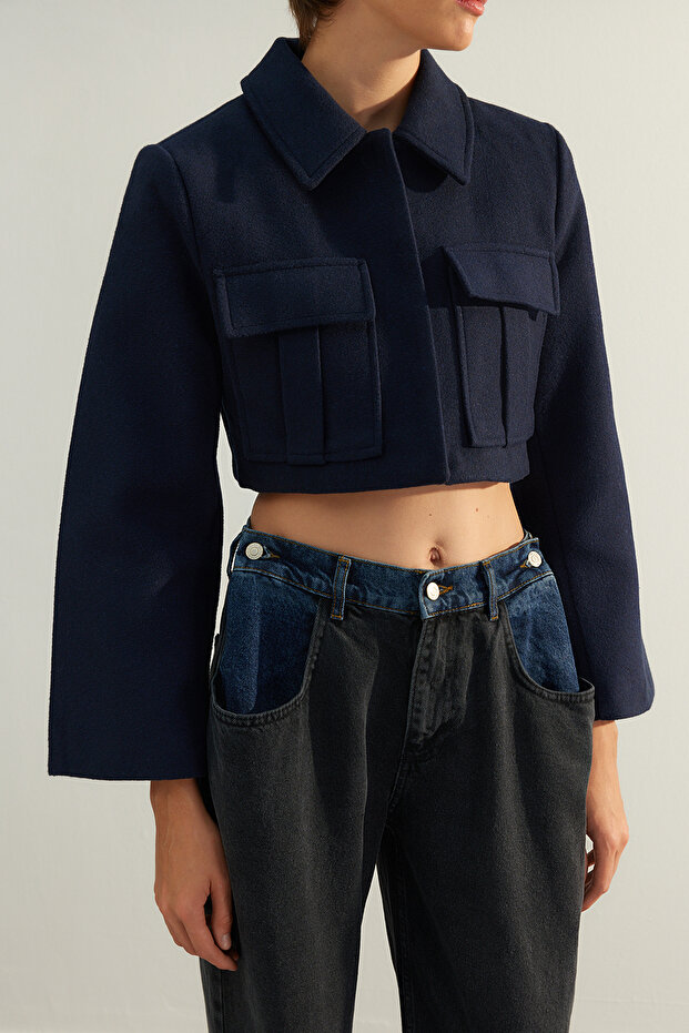 Lacivert Fitted Crop Dokuma Ceket TWOAW24CE00123 - 6