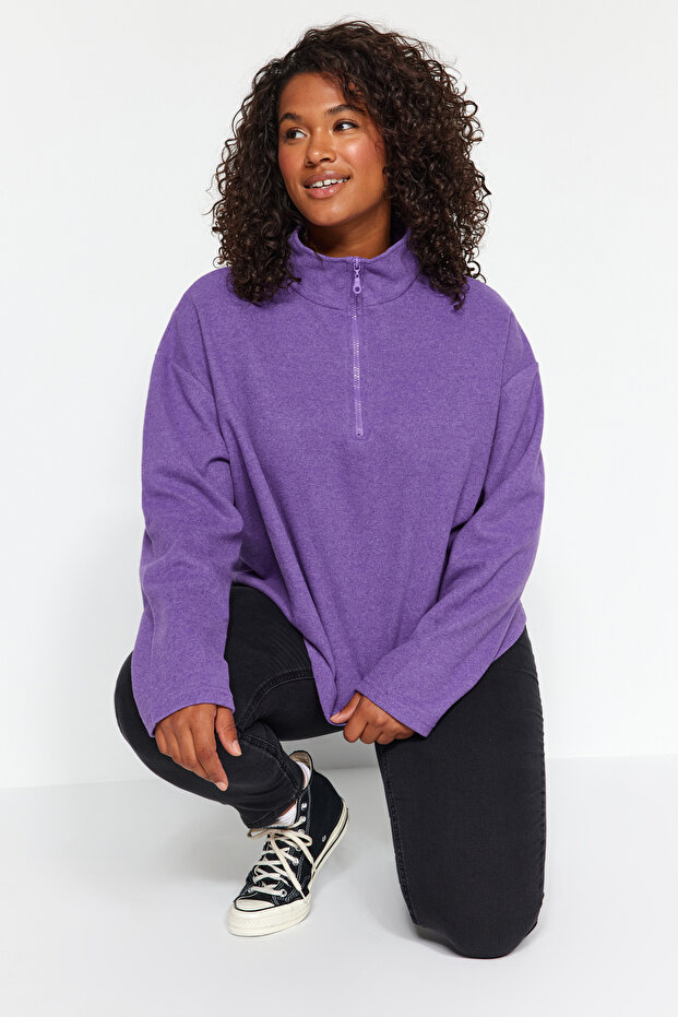 Mor Selanik/Triko Görünümlü Fermuarlı Yaka Regular/Normal Kalıp Örme Sweatshirt TBBAW23AO00006 - 1