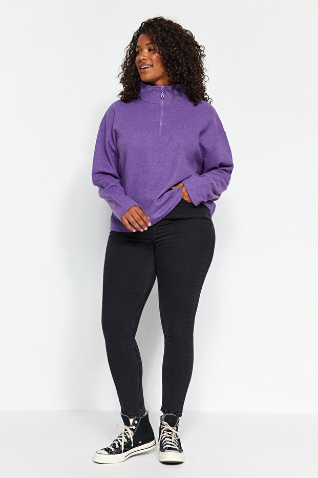 Mor Selanik/Triko Görünümlü Fermuarlı Yaka Regular/Normal Kalıp Örme Sweatshirt TBBAW23AO00006 - 2