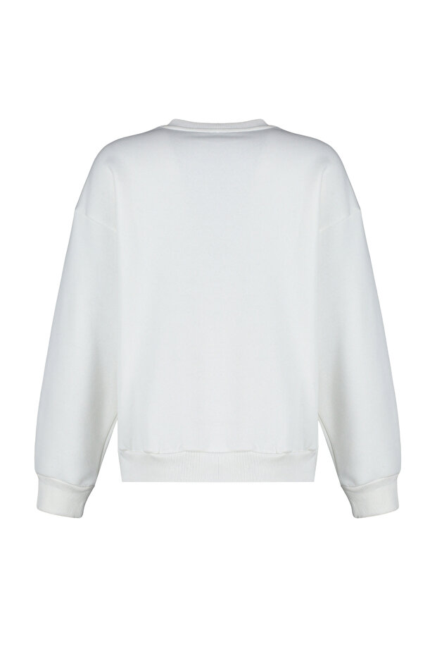 Ekru Kalın İçi Polarlı Regular/Normal Kalıp Bisiklet Yaka Basic Örme Sweatshirt TWOAW24SW00101 - 9