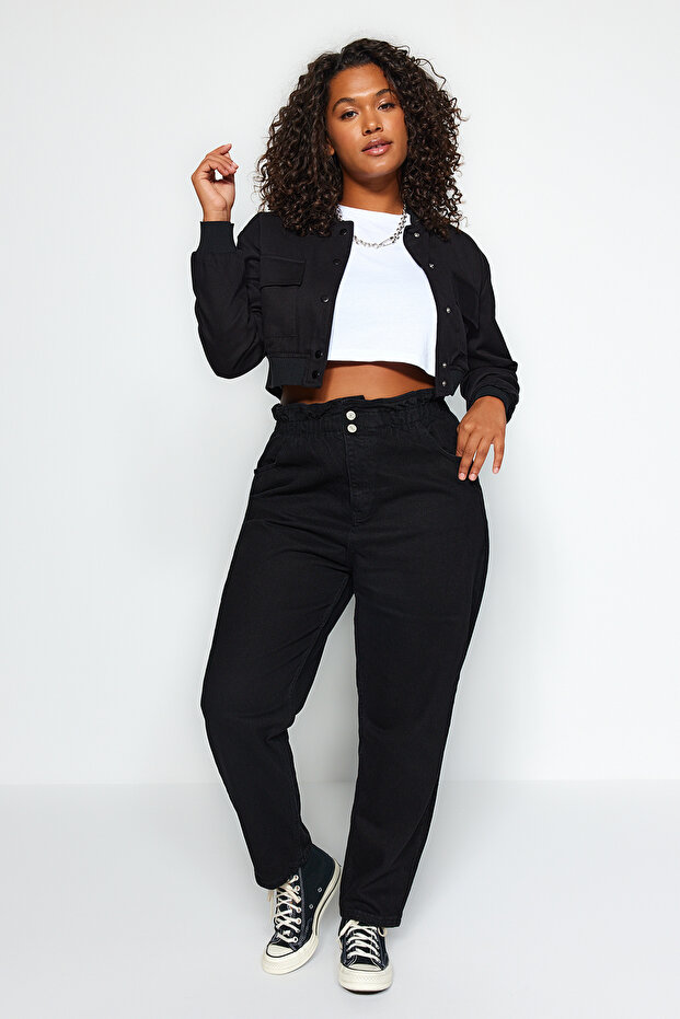 Siyah Yüksek Bel Beli Lastikli %100 Pamuk Büyük Beden Mom Jeans TBBAW23JE00002 - 8
