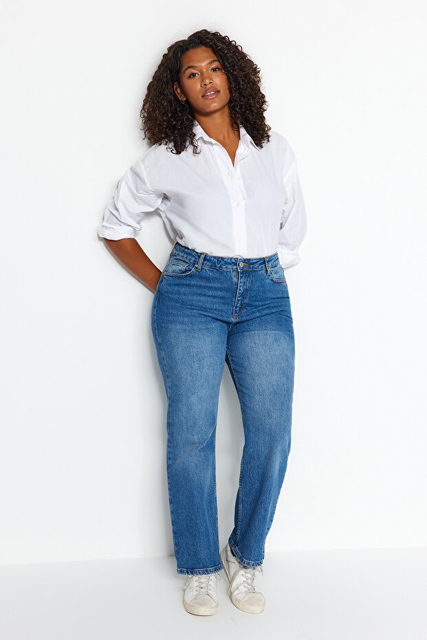 More Sustainable Koyu Mavi Yüksek Bel Comfort/Orta Esnek Straight Fit Jeans TBBAW24CJ00045 - 3