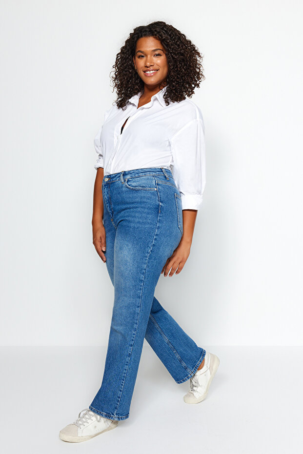 More Sustainable Koyu Mavi Yüksek Bel Comfort/Orta Esnek Straight Fit Jeans TBBAW24CJ00045 - 2