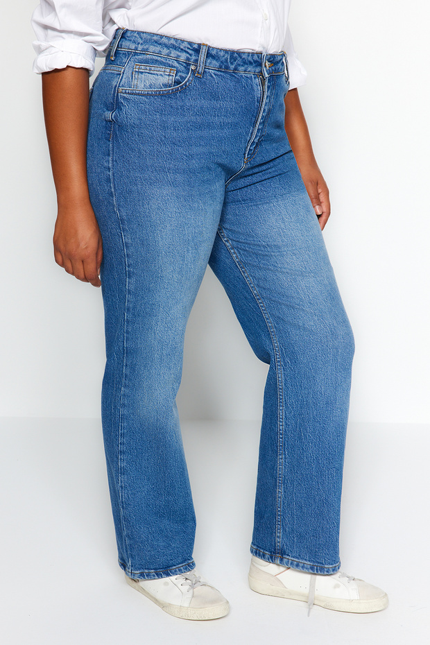More Sustainable Koyu Mavi Yüksek Bel Comfort/Orta Esnek Straight Fit Jeans TBBAW24CJ00045 - 4