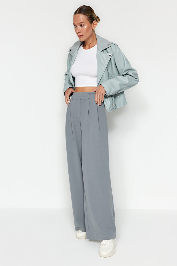 Yunus Gri Cırt Cırt Kapamalı Yüksek Bel Pileli Wide Leg/Geniş Kesim Örme Pantolon TWOAW24PL00177 - 3