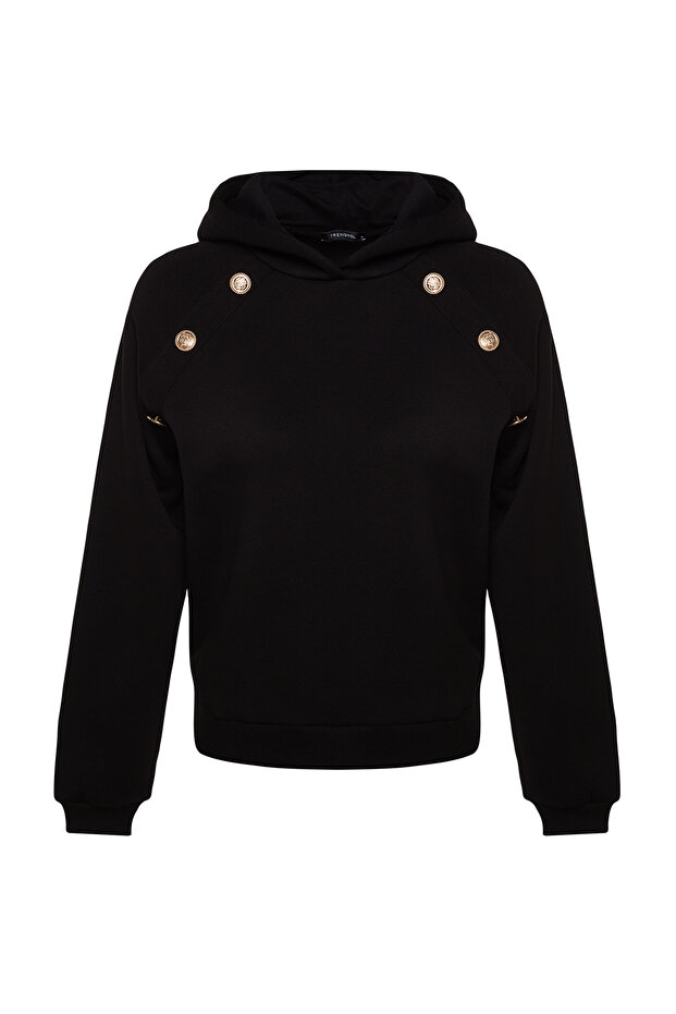 Siyah Kapüşonlu Düğme Detaylı Regular Fit Kalın İçi Polarlı Örme Sweatshirt TWOAW24SW00215 - 7